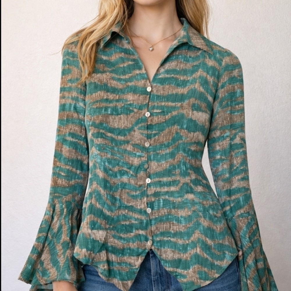 Diane von Furstenberg DVF Green Brown Animal Print Silk Blouse XS